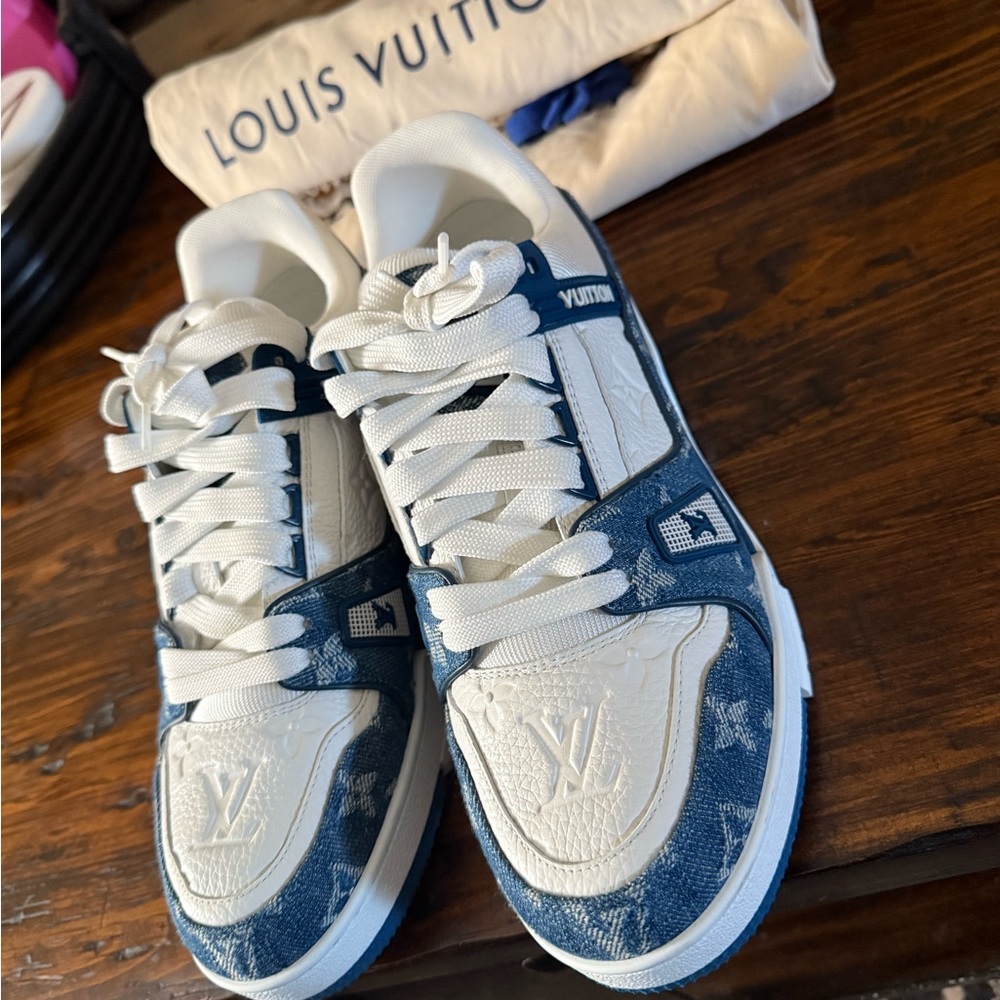 Louis Vuitton White and Blue Sneakers with Monogram